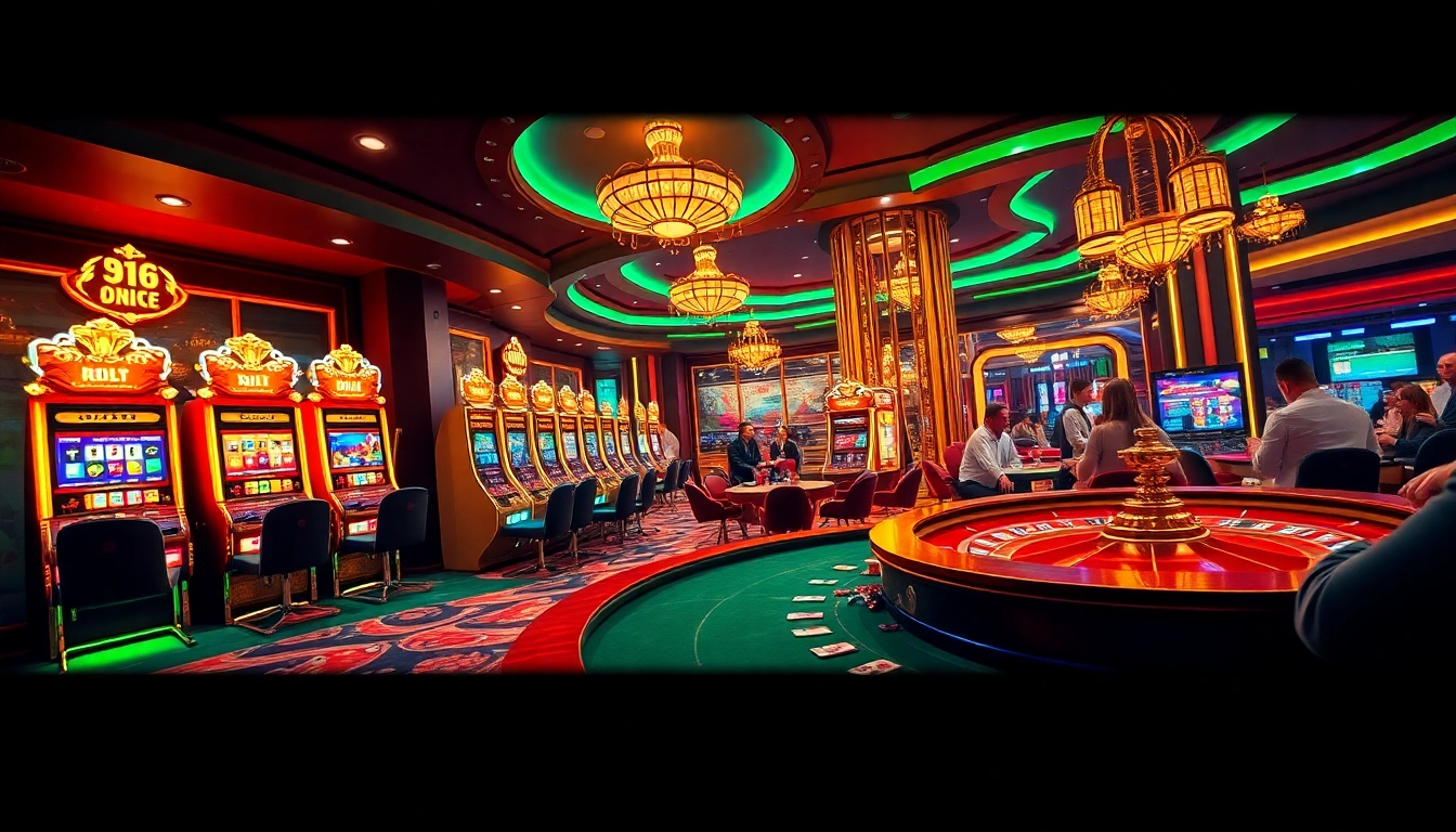 Exciting casino scene showcasing players at RR88 slot machines and poker tables in a vibrant environment.