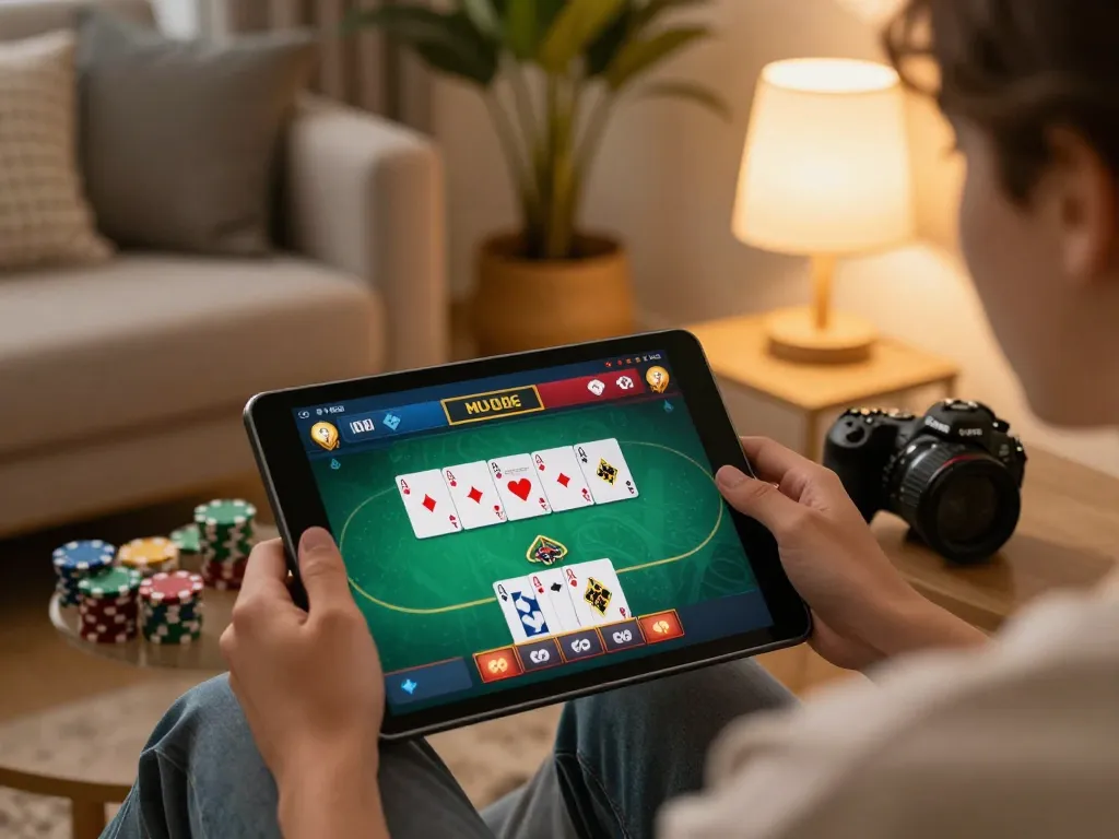 Engaging mobile poker gameplay on nk88 in a cozy living room setting