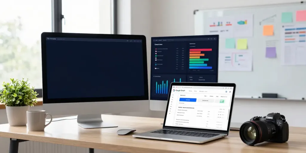 Workspace depicting instant indexing strategies with SEO metrics and Google Search Console interface.