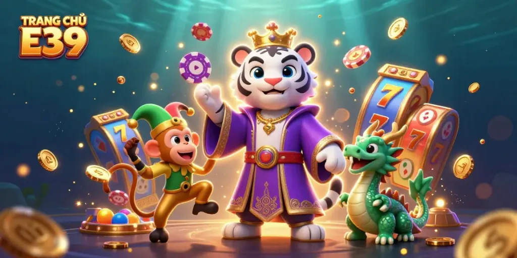 Experience excitement at TRANG CHỦ E39 with a vibrant gaming scene featuring dynamic characters and captivating casino elements.