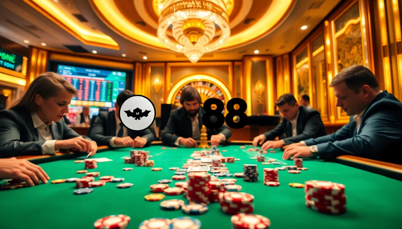 Players at a thrilling gambling table enjoying rr88itcom poker games with vibrant atmosphere.