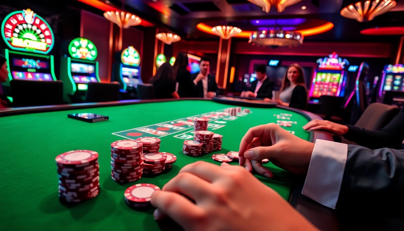Players enjoying the excitement of poker at 89bet Casino, surrounded by vibrant gambling elements.
