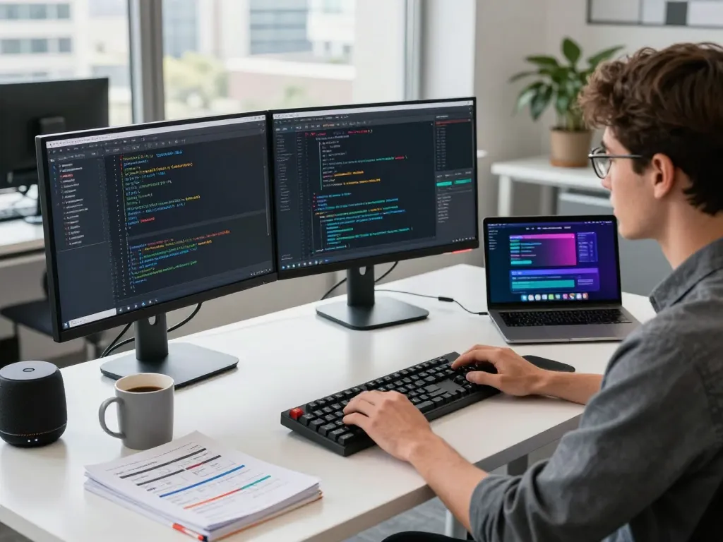 Open Claw AI workspace with a developer programming automation scripts in a modern office.