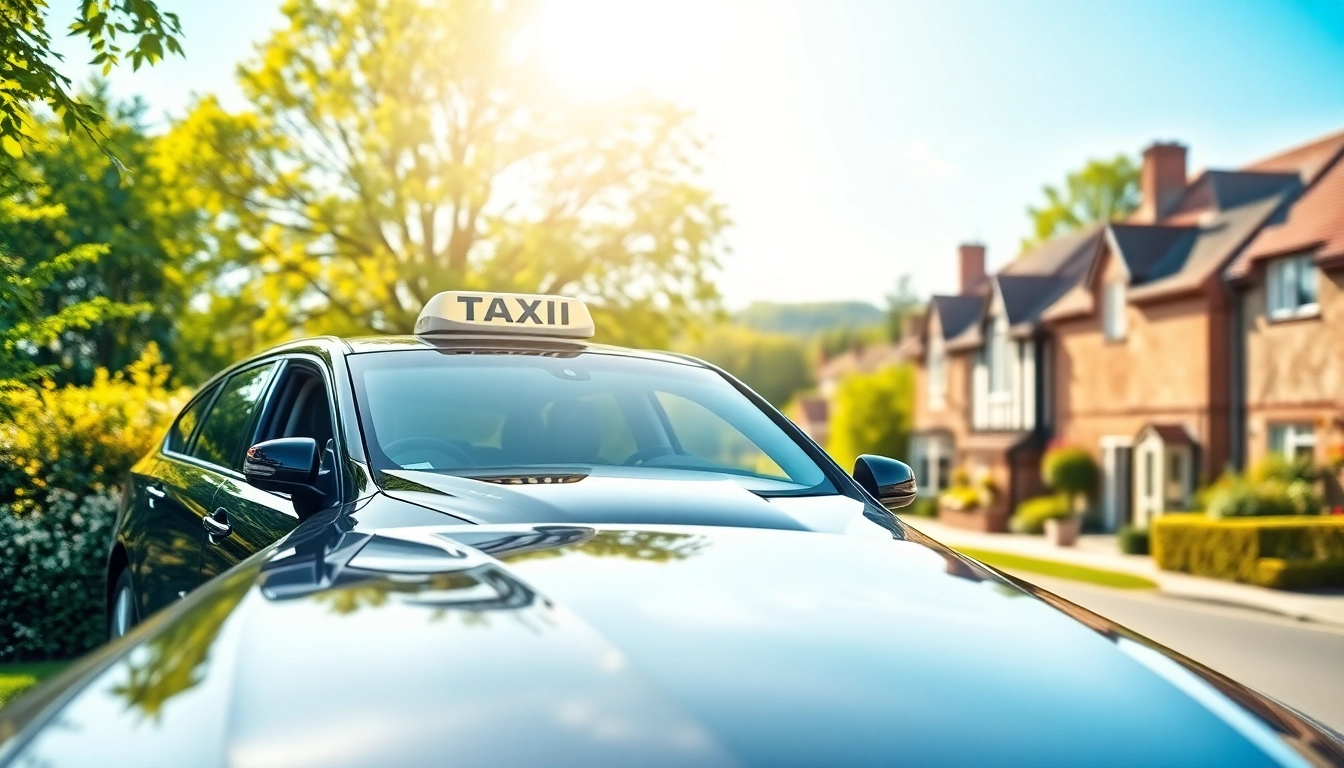 Pyrford taxi service with a welcoming driver against a scenic village backdrop.