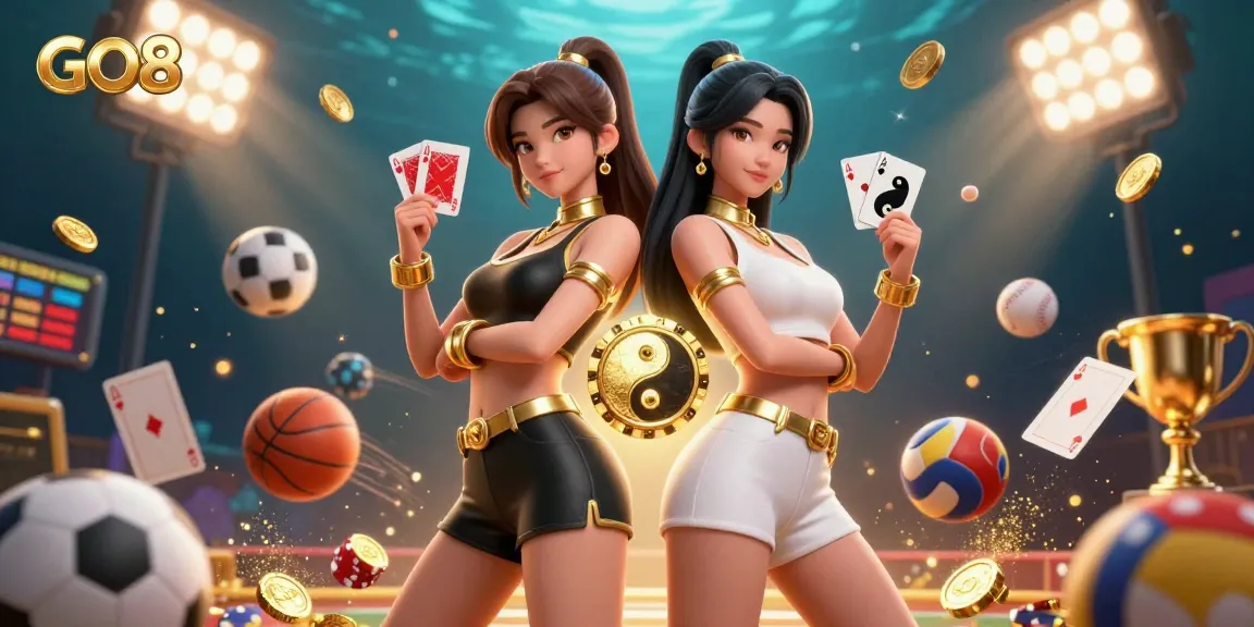 Experience the excitement of GO8 with twin Asian women at a vibrant casino scene, showcasing cards and sports elements.
