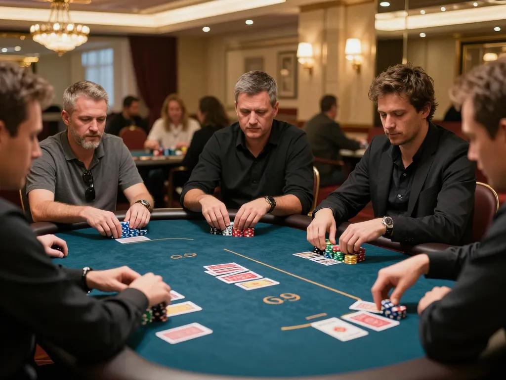 RR88 players strategize at a luxurious poker table, capturing intense gameplay moments.