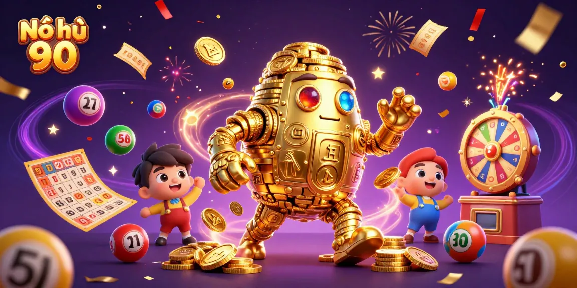 Nổ hũ 90 showcases a vibrant casino scene with a golden golem amidst colorful lottery elements for exciting gameplay.