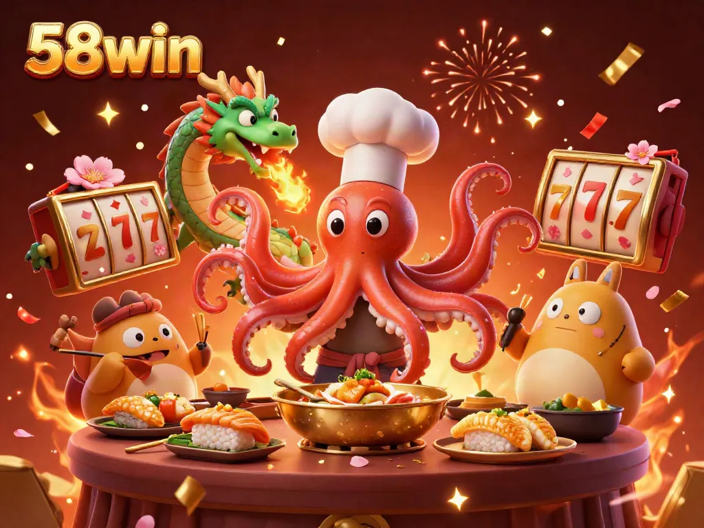 Experience thrilling gameplay at 58win featuring a vibrant sushi chef octopus in a dynamic casino environment.