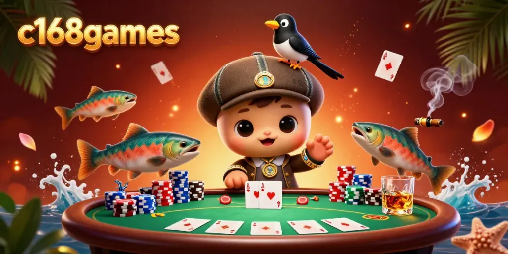 Engage with c168games in this vibrant casino scene featuring cartoon characters.