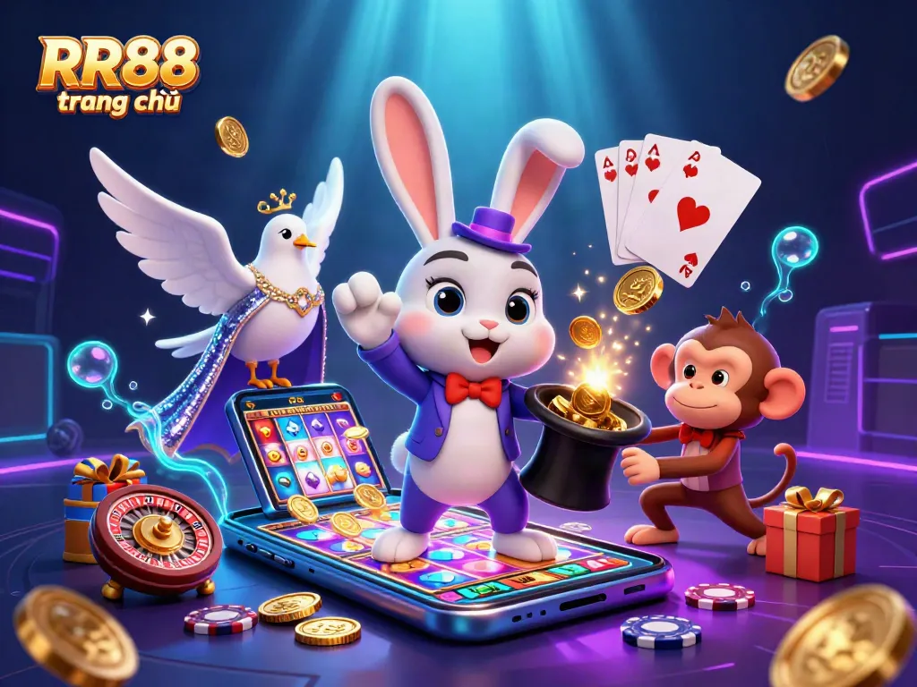 Experience exciting games at RR88 trang chủ with a stunning illustration featuring playful casino characters!