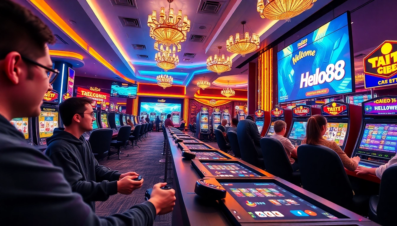 Hello88win.live casino gaming scene showcasing players enjoying vibrant slot games and card games.