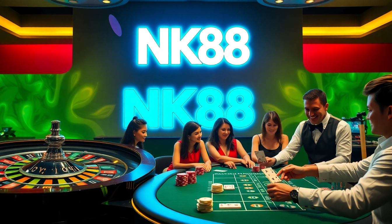 Experience the thrill of betting at NK88 casino with vibrant poker chips and engaging players.