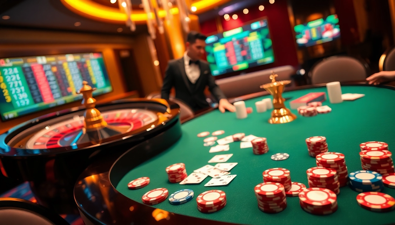 Experience the thrill of gambling at the uu88 poker table with vibrant chips and a roulette wheel.