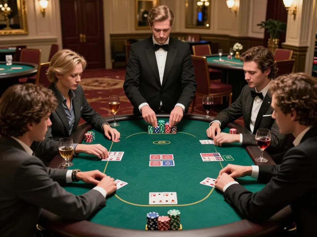Players strategizing in an upscale casino poker game at dv88 com, showcasing high-stakes excitement and luxury.