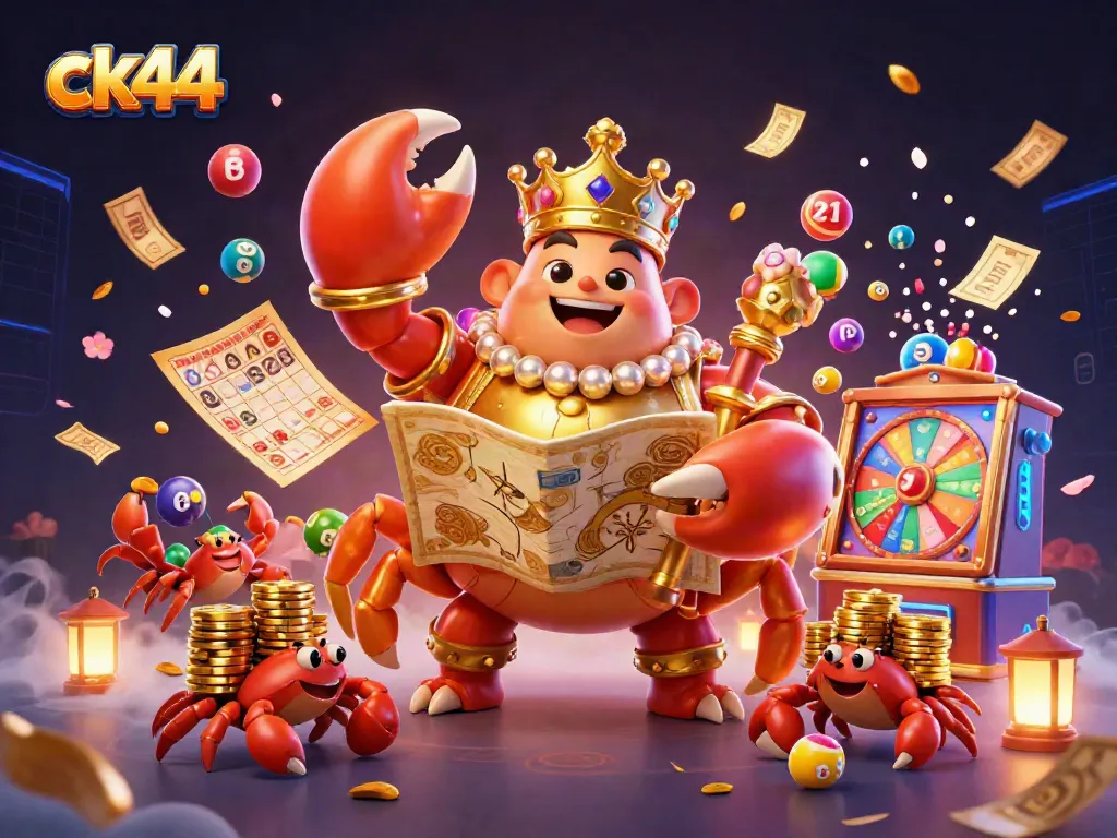 Engage with CK44's vibrant lottery scene featuring a dynamic golden crab emperor and colorful game elements.