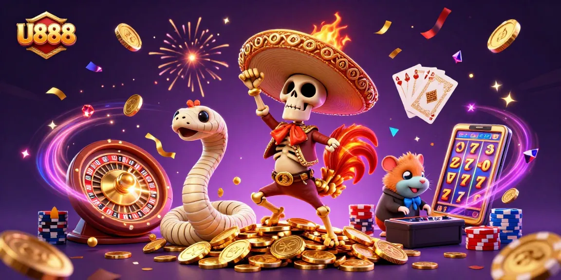 Enjoy thrilling gameplay with U888's lively characters in a vibrant casino scene.