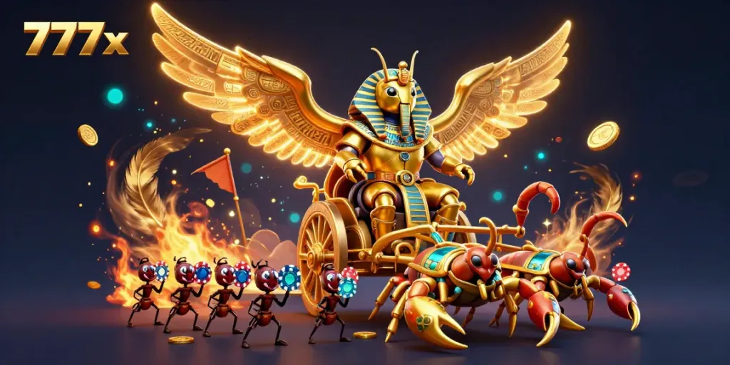 Engage with the thrilling 777x gaming scene featuring the colossal scarab and jewel-encrusted scorpions.