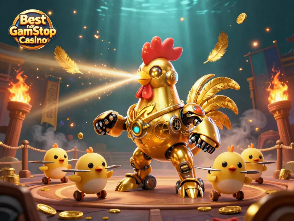 Experience vibrant action in the Best non Gamstop Casino with a golden rooster robot and baby chick drones.