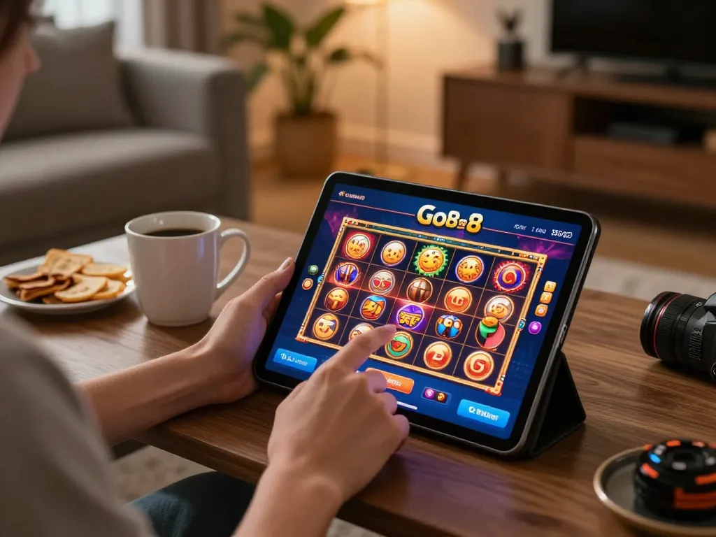 Person enjoying the Go8 casino app on a tablet amidst a cozy gaming setup, highlighting modern gambling at home.