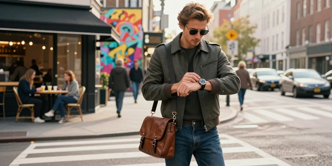 Stylish individual wearing a luxury clone watch checking the time in a bustling city.
