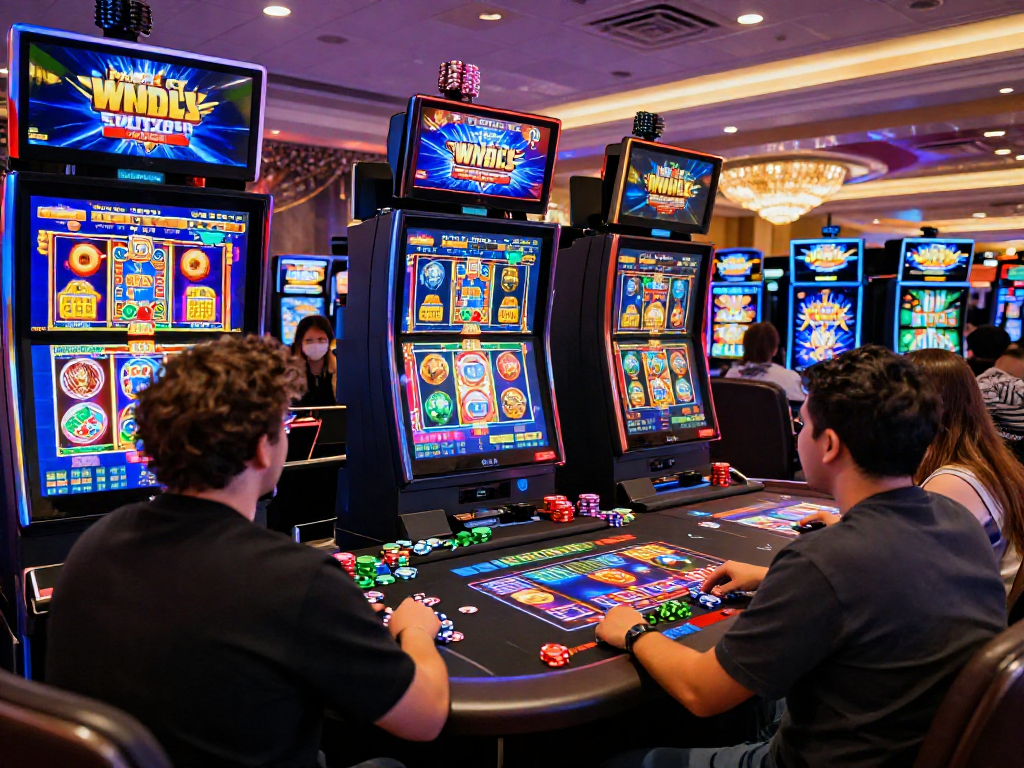 Exciting gameplay at USA slot sites with diverse players enjoying vibrant virtual casino atmosphere.