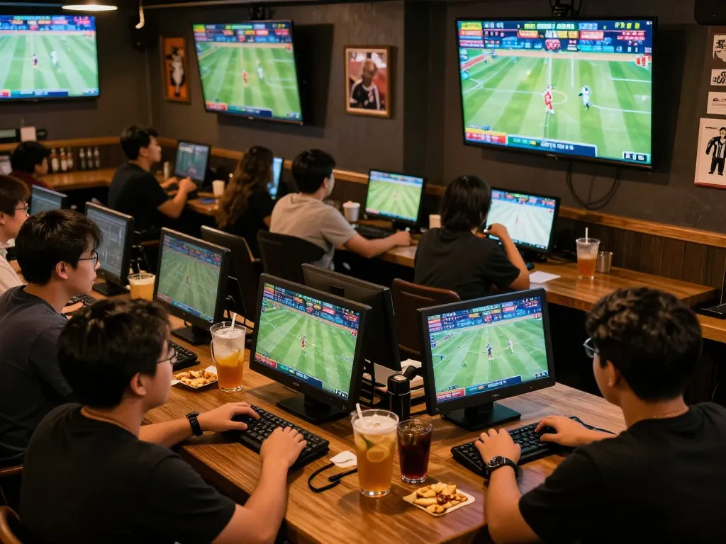 Kèo nhà cái enthusiasts placing bets on mobile apps while watching live sports at a bustling sports bar.