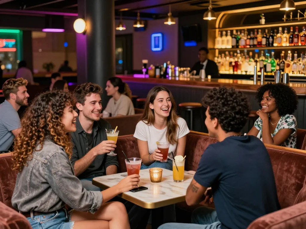 Cocktails and conversations in a vibrant lounge, showcasing social interactions around sex chat ai topics.
