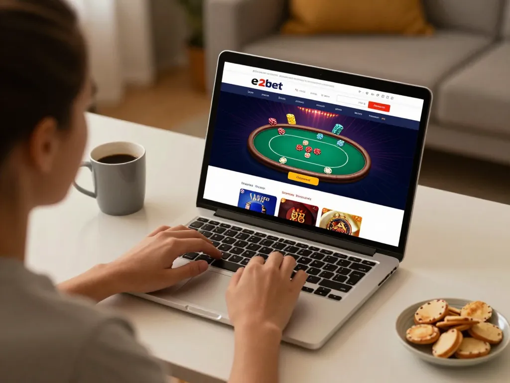 E2bet user enjoying a relaxed online poker game setup at home, showcasing engaging gaming interface.