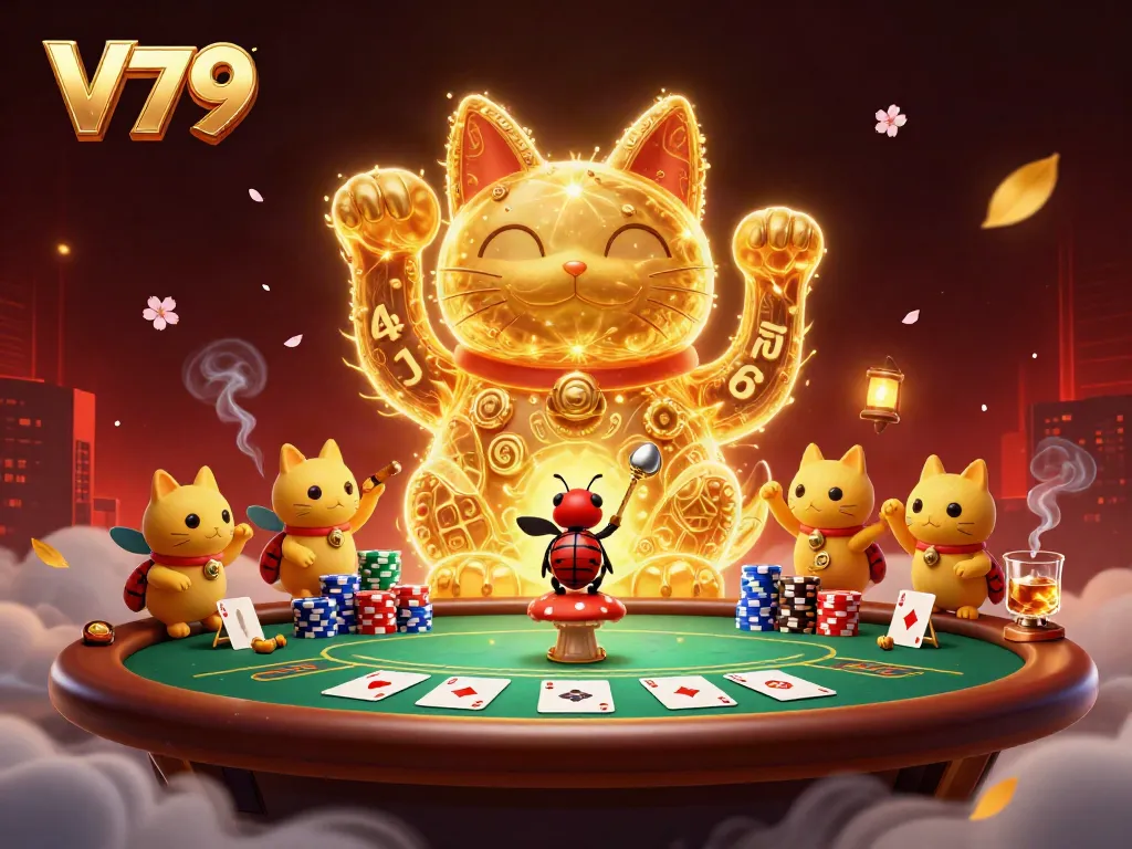 Engage with V79's lively casino scene featuring a giant lucky cat and poker tables.