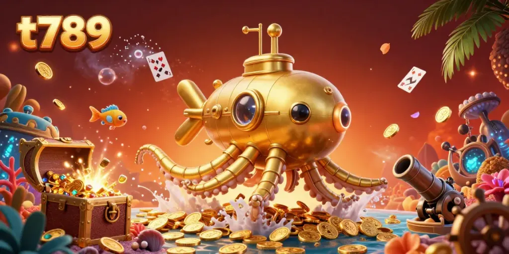 T789 offers exciting online gaming with a golden kraken submarine and mechanical fish amidst gold coins and card games.