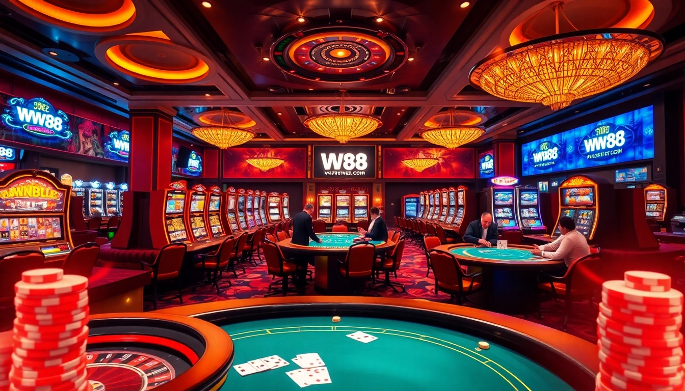 Experience the excitement of WW88 com in a vibrant casino setting featuring poker tables and slot machines.