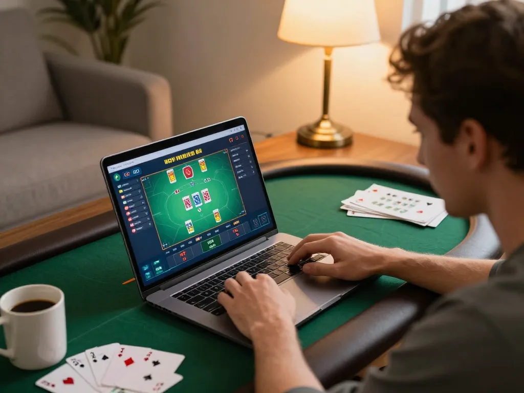 Engaged player strategizing for a 566 win at online poker using a laptop and notes