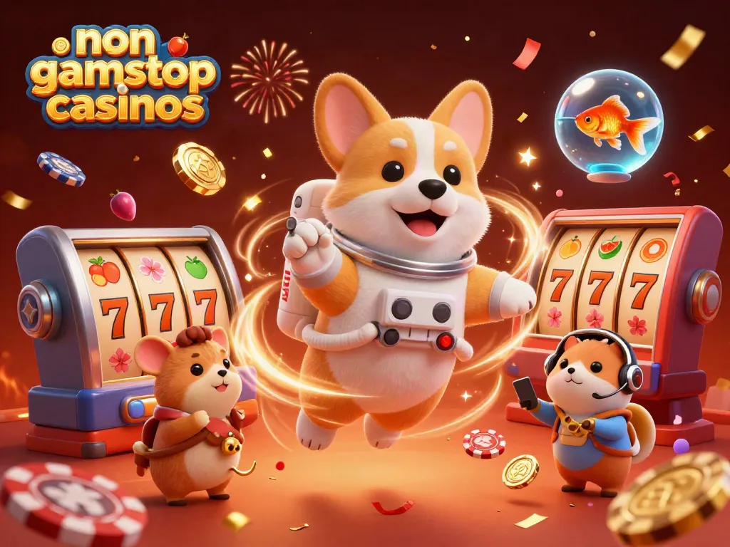 Engage with non gamstop casinos as a cartoon astronaut corgi explores a vibrant casino in zero gravity.
