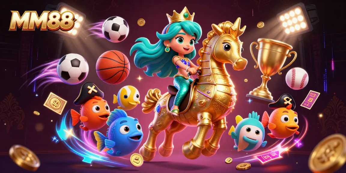Experience the thrill of MM88 with a dynamic 3D casino scene featuring mermaids and sports!