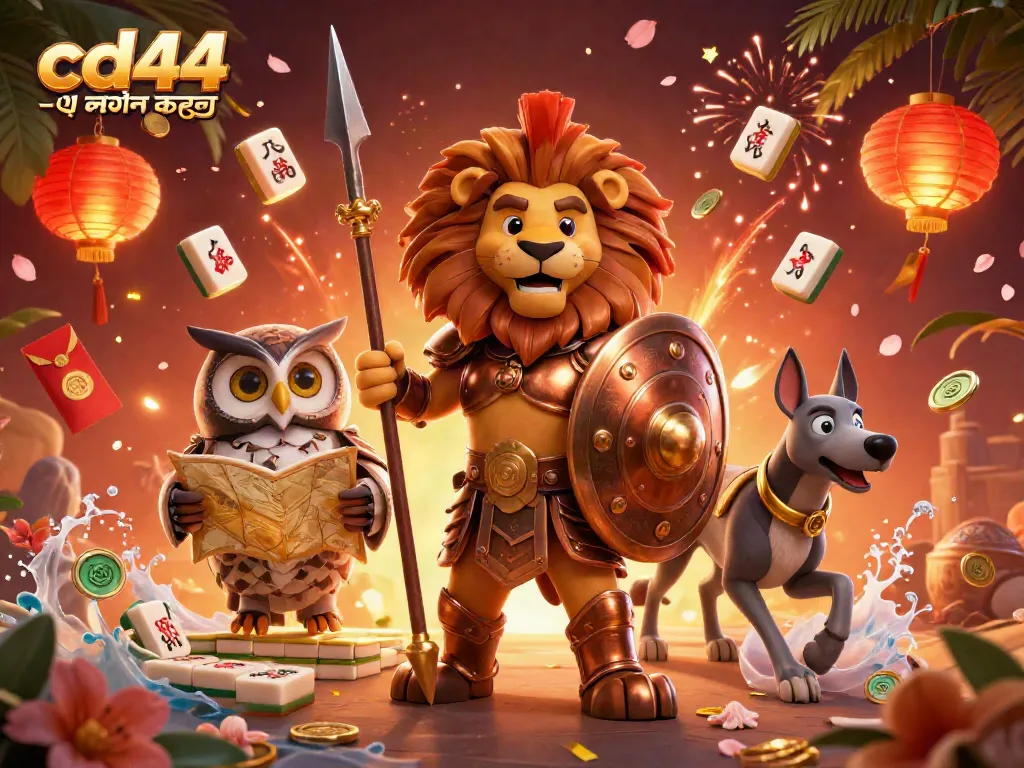Experience the excitement of cd44 -এ লগইন করুন with a vibrant 3D illustration showcasing a Spartan lion hero surrounded by captivating casino elements.