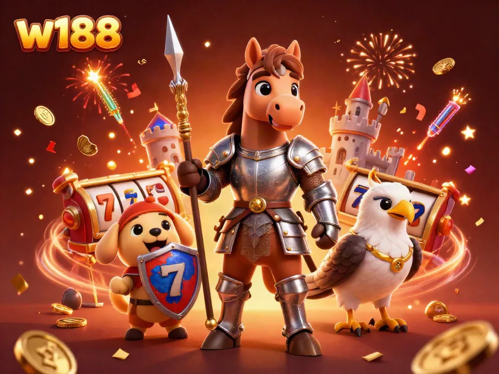 w188 brings a lively casino atmosphere with a knight, a puppy, and a falcon among slot reels and gold coins.
