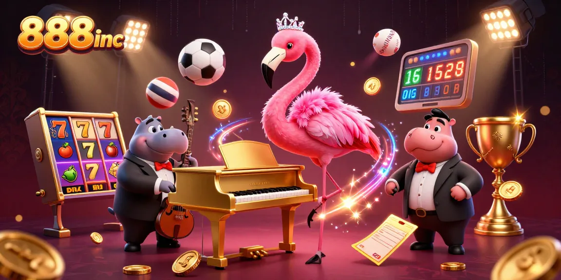Bet on 888inc as the lively flamingo jazz singer entertains in a vibrant casino scene.