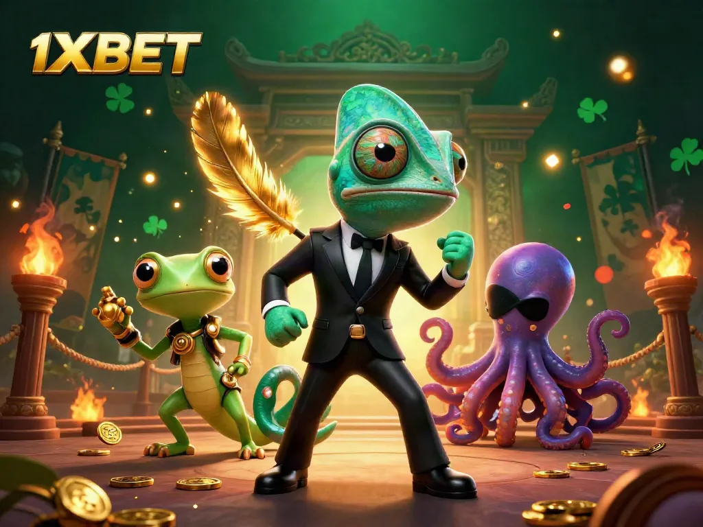 Experience the excitement with 1XBET, featuring a thrilling chameleon, gecko, and octopus in a dynamic casino scene.