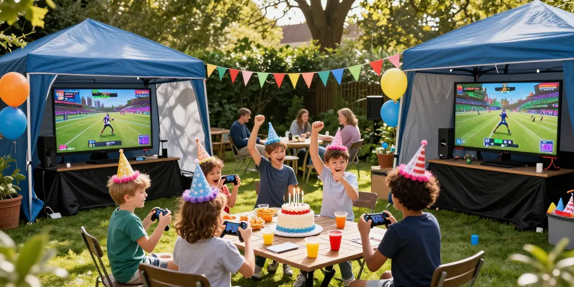Gaming party London with excited children playing games outdoors, vibrant garden setting.