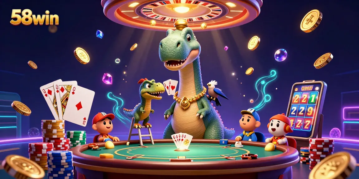 Engage with 58win: A vibrant casino scene with dynamic elements and playful characters.
