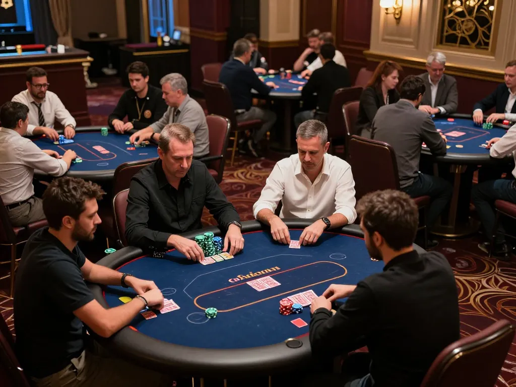 Players competing in a tense 888b poker tournament, showcasing strategic gameplay in a luxury casino.