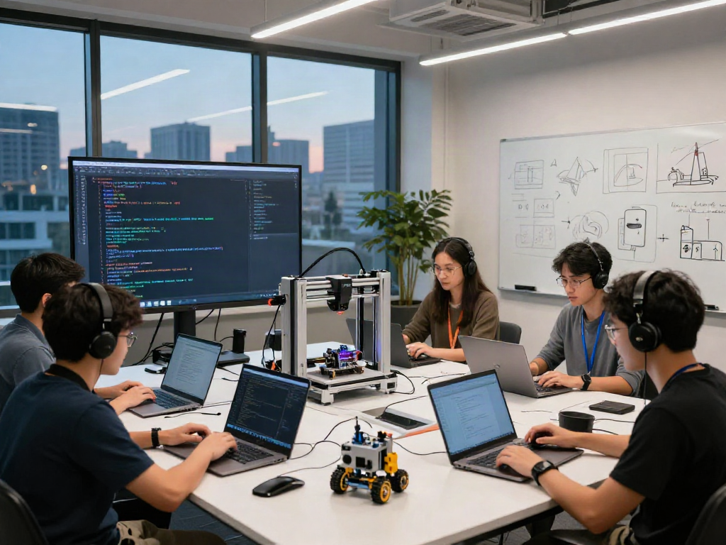 Developers collaborating on ai nsfw projects in a modern tech workspace with innovative tools and city view.