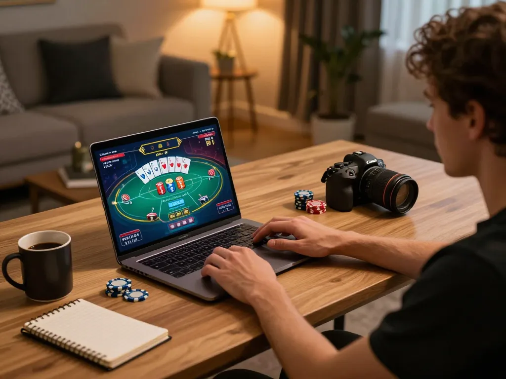 Engaging in online casino gaming at home with Okfun on a laptop, showcasing stylish decor and gameplay.