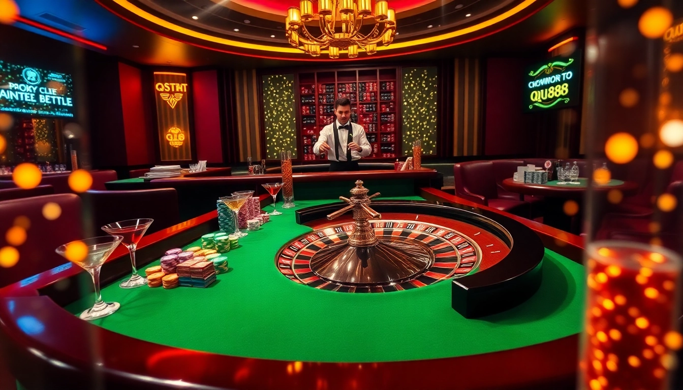 Experience the thrill of gambling with qq88 to at a luxurious casino roulette table surrounded by vibrant chips and cards.