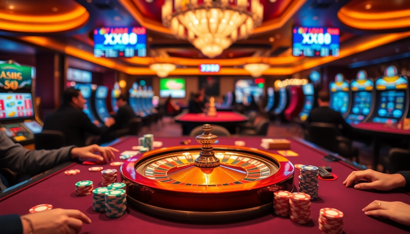 Active players enjoying poker at xx88 casino with vibrant chips and roulette wheel.