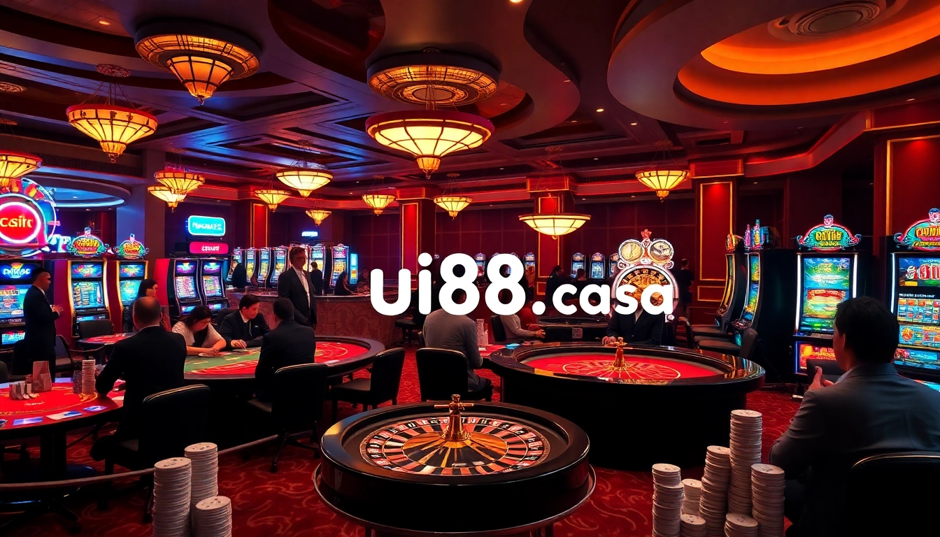 Engage in thrilling games at https://uu88.casa/, featuring vibrant poker chips and a lively casino atmosphere.
