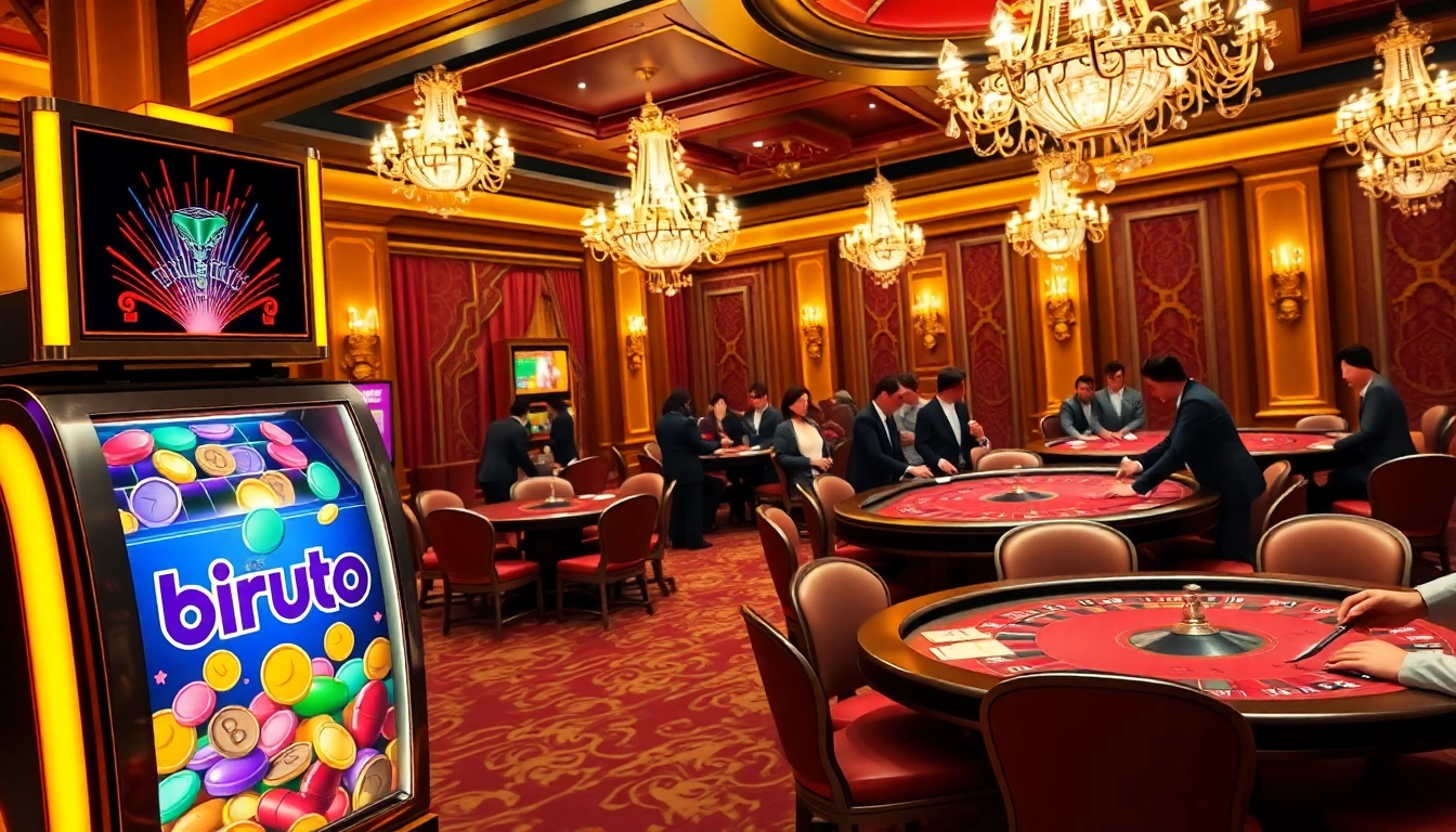 Engaged players enjoy birutoto slot machines in an elegant casino setting, highlighting excitement and luxury.