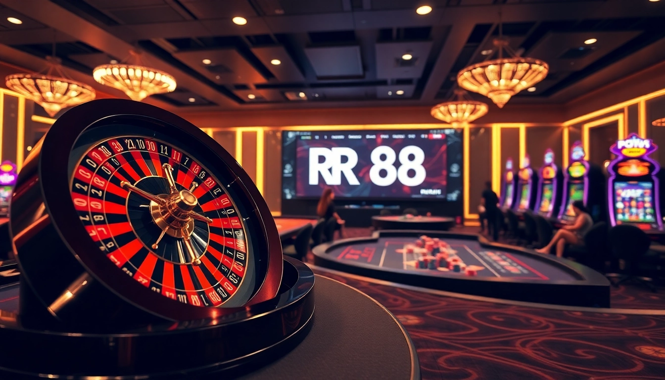 Experience excitement at RR 88 with vibrant casino tables, poker chips, and engaging gaming elements.