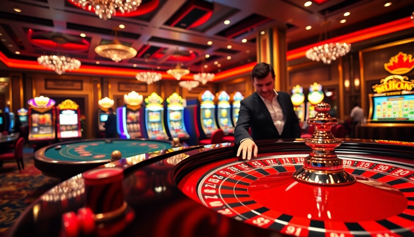 Players enjoying gambling excitement at a doaslot casino with vibrant slots and roulette.