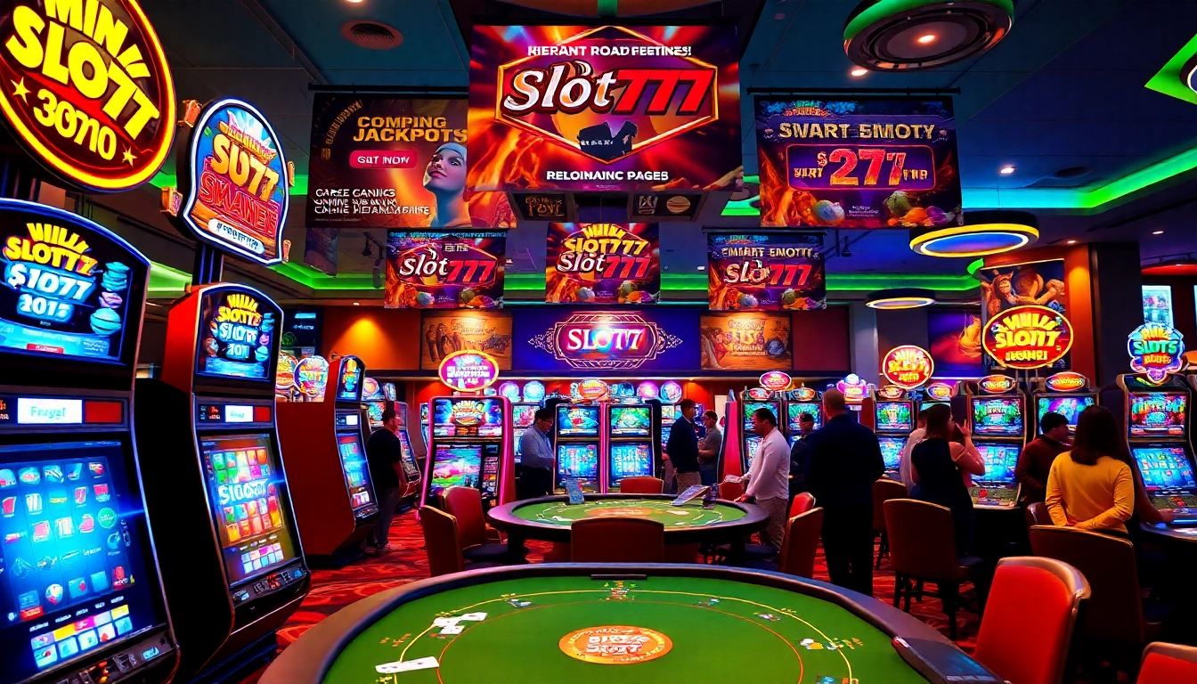 Exciting Slot777 gaming scene with vibrant machines and engaged players in a luxurious casino atmosphere.